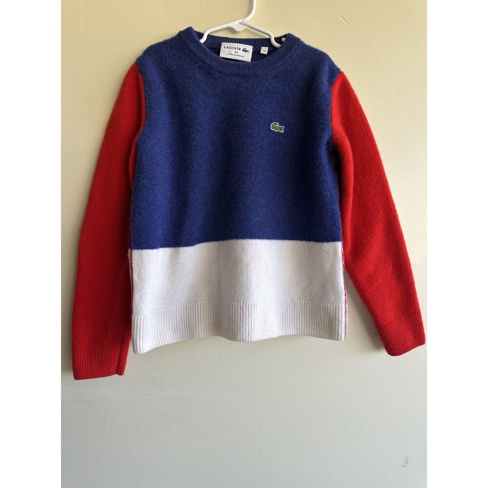 Lacoste Kids 100% Wool Sweater Sz 34 Made in France Colorblock Blue Red White